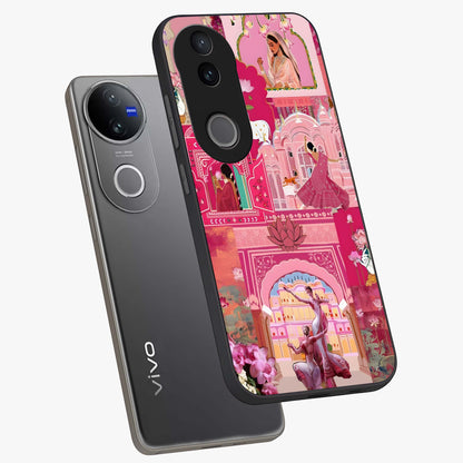 Pink Palace Muse Glass Case displayed in angled mockup highlighting dreamy palace illustration with soft pink aesthetic.