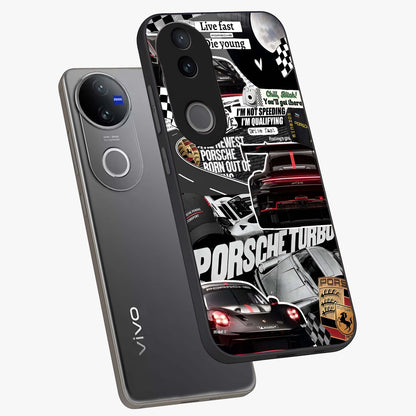 Porsche Racing Collage Glass Case displayed in angled mockup highlighting dynamic automotive design with bold racing aesthetic.