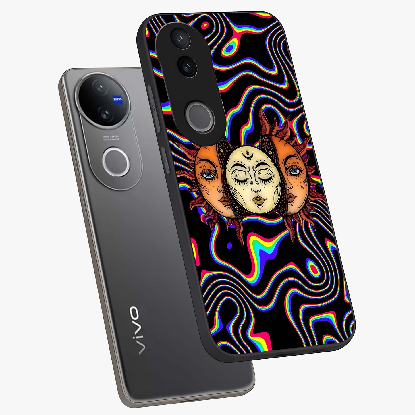 Psychedelic Sun Glass Case displayed in angled mockup highlighting vibrant abstract sun design with artistic aesthetic style.