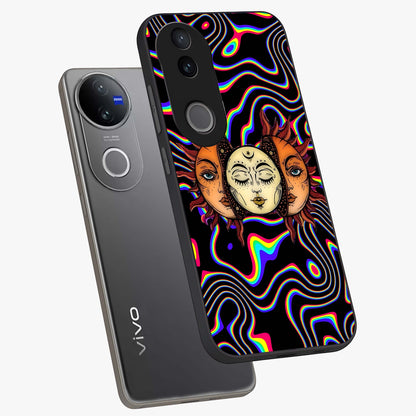 Psychedelic Sun Glass Case displayed in angled mockup highlighting vibrant abstract sun design with artistic aesthetic style.
