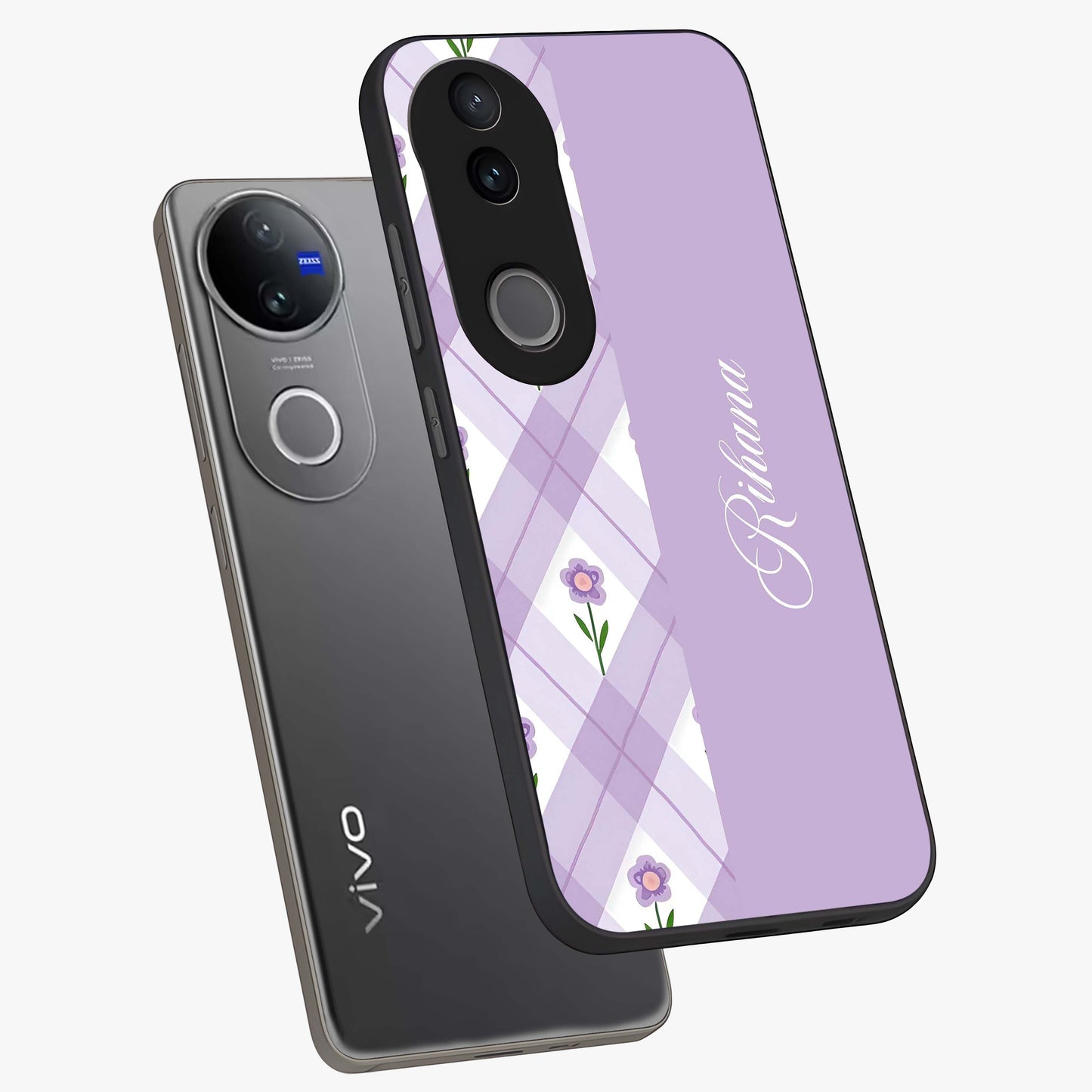 Purple Diamond Floral Glass Case displayed in angled mockup highlighting elegant purple flower design with decorative pattern.