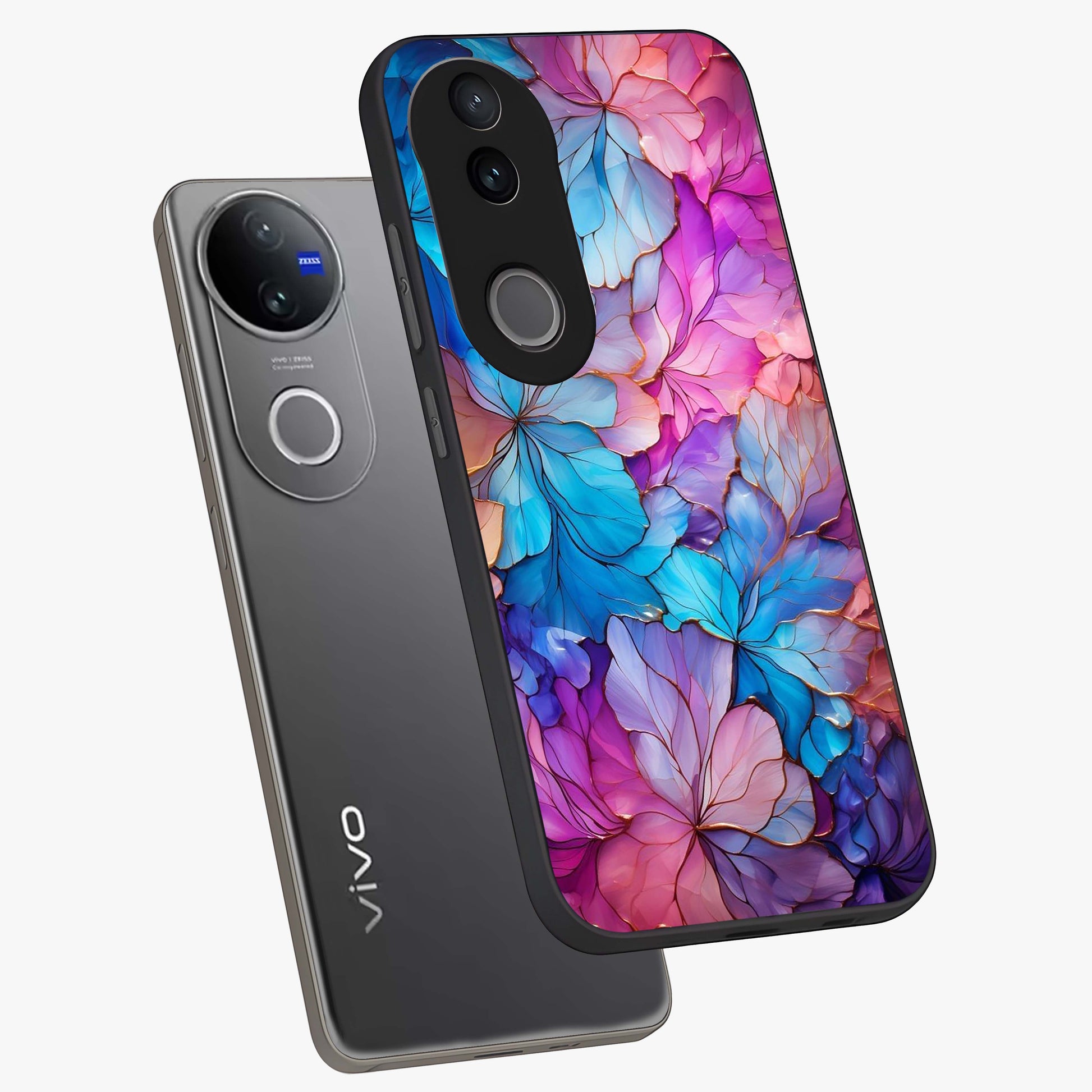 Radiant Floral Whirl Glass Case displayed in angled mockup highlighting vibrant flower pattern with dynamic artistic aesthetic.