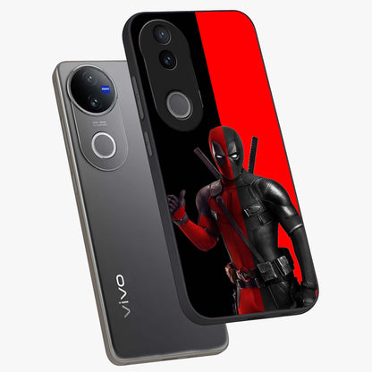 Red & Black Deadpool Theme Glass Case displayed in angled mockup highlighting vibrant superhero style illustration with action aesthetic.