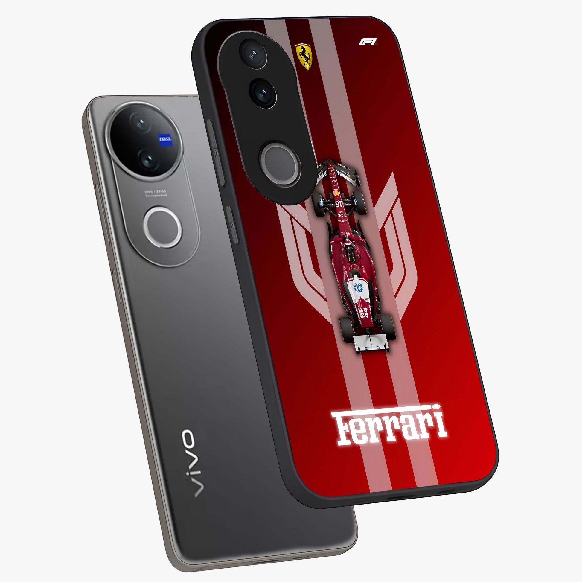 Red Ferrari F1 Vertical Glass Case displayed in angled mockup highlighting high speed racing design with bold automotive aesthetic.
