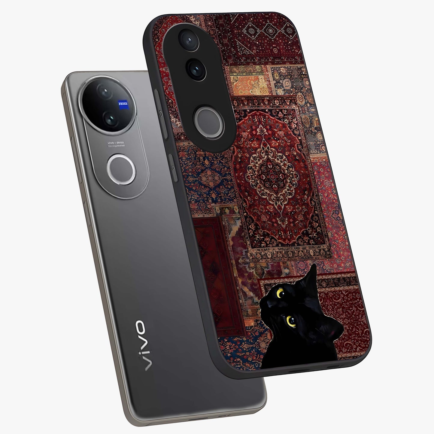 Regal Magic Cat Apple Glass Case displayed in angled mockup highlighting whimsical feline design with fantasy aesthetic.