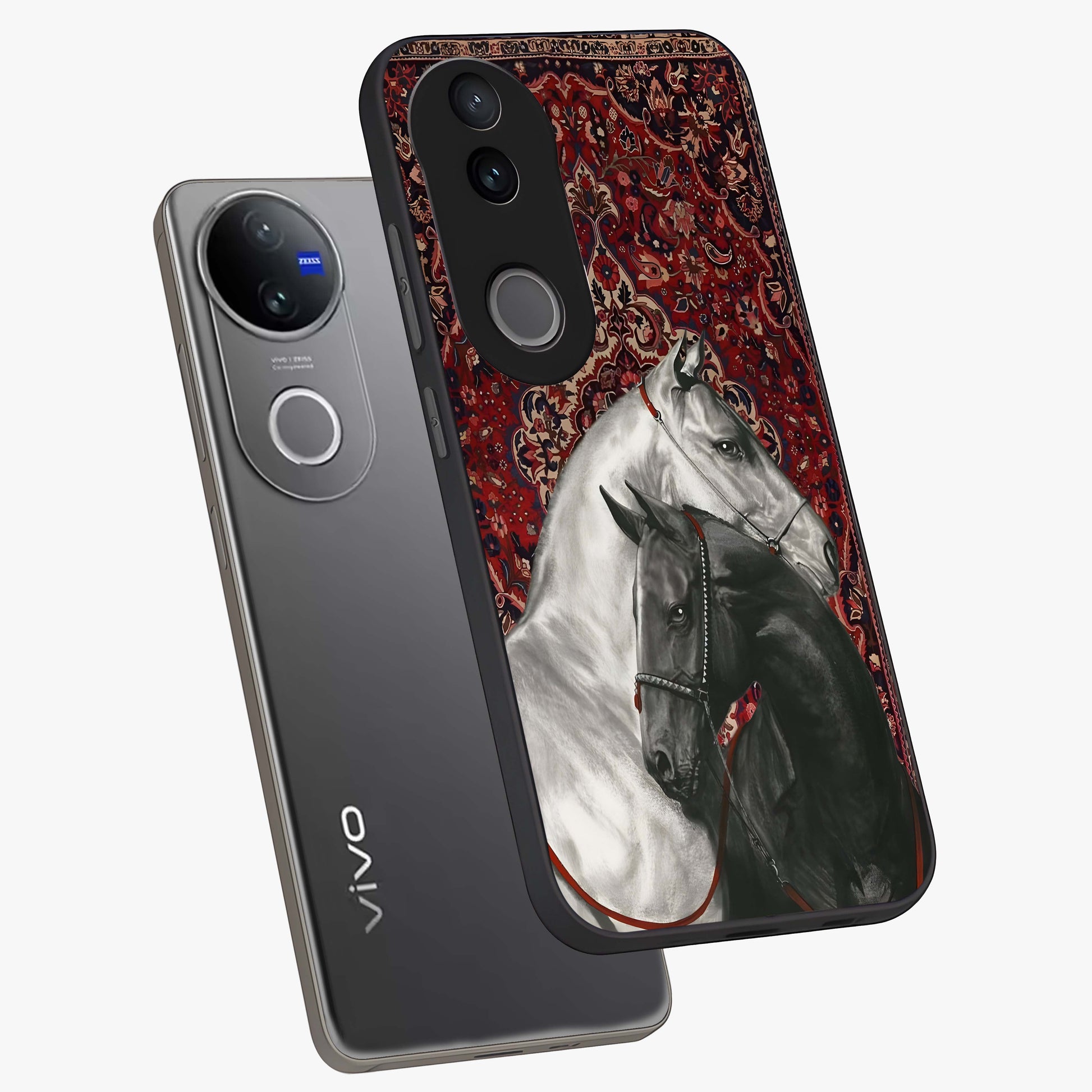Regal Stallion Tapestry Glass Case displayed in angled mockup highlighting royal stallion design with decorative heritage aesthetic.