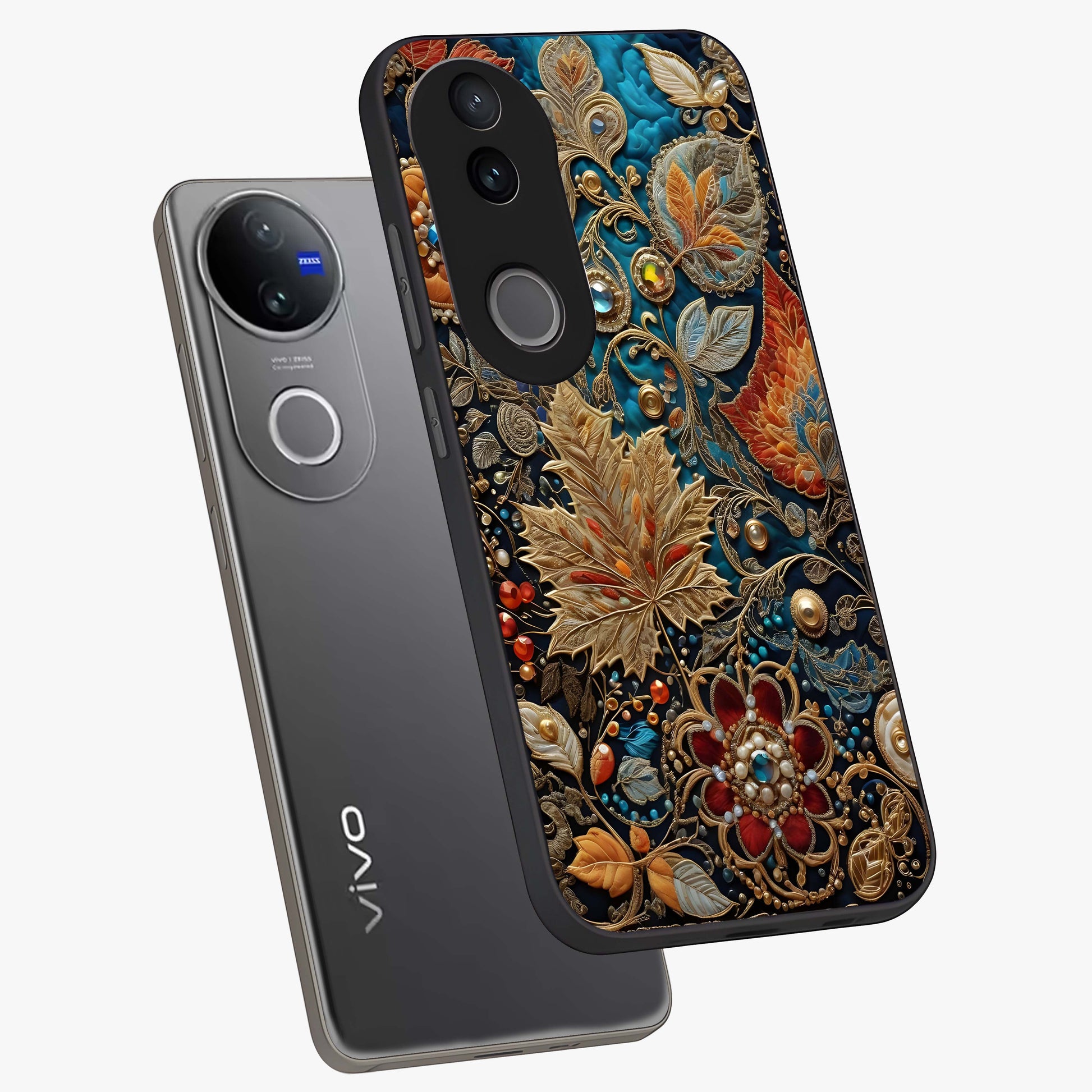 Royal Jewel Garden Glass Case displayed in angled mockup highlighting vibrant jewel inspired floral design with elegant aesthetic.