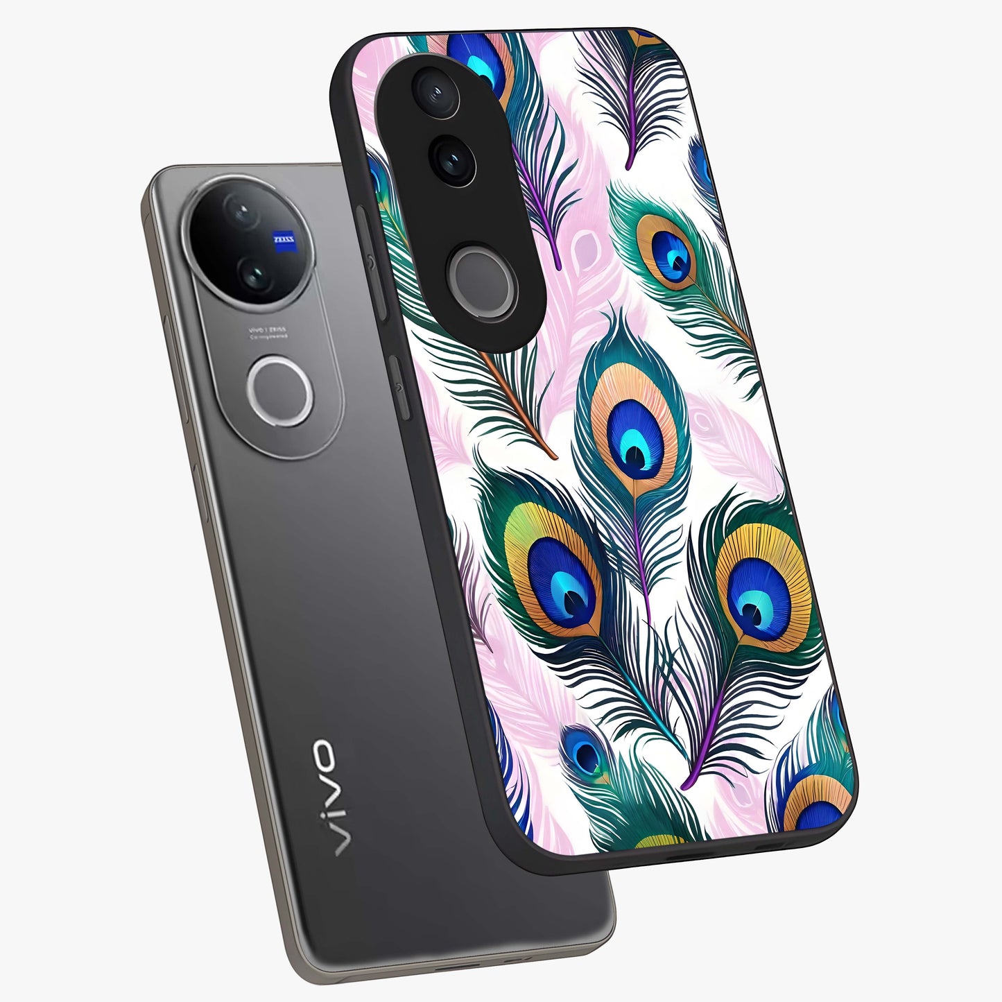Royal Peacock Feathers Glass Case displayed in angled mockup highlighting vibrant feather pattern with regal aesthetic style.