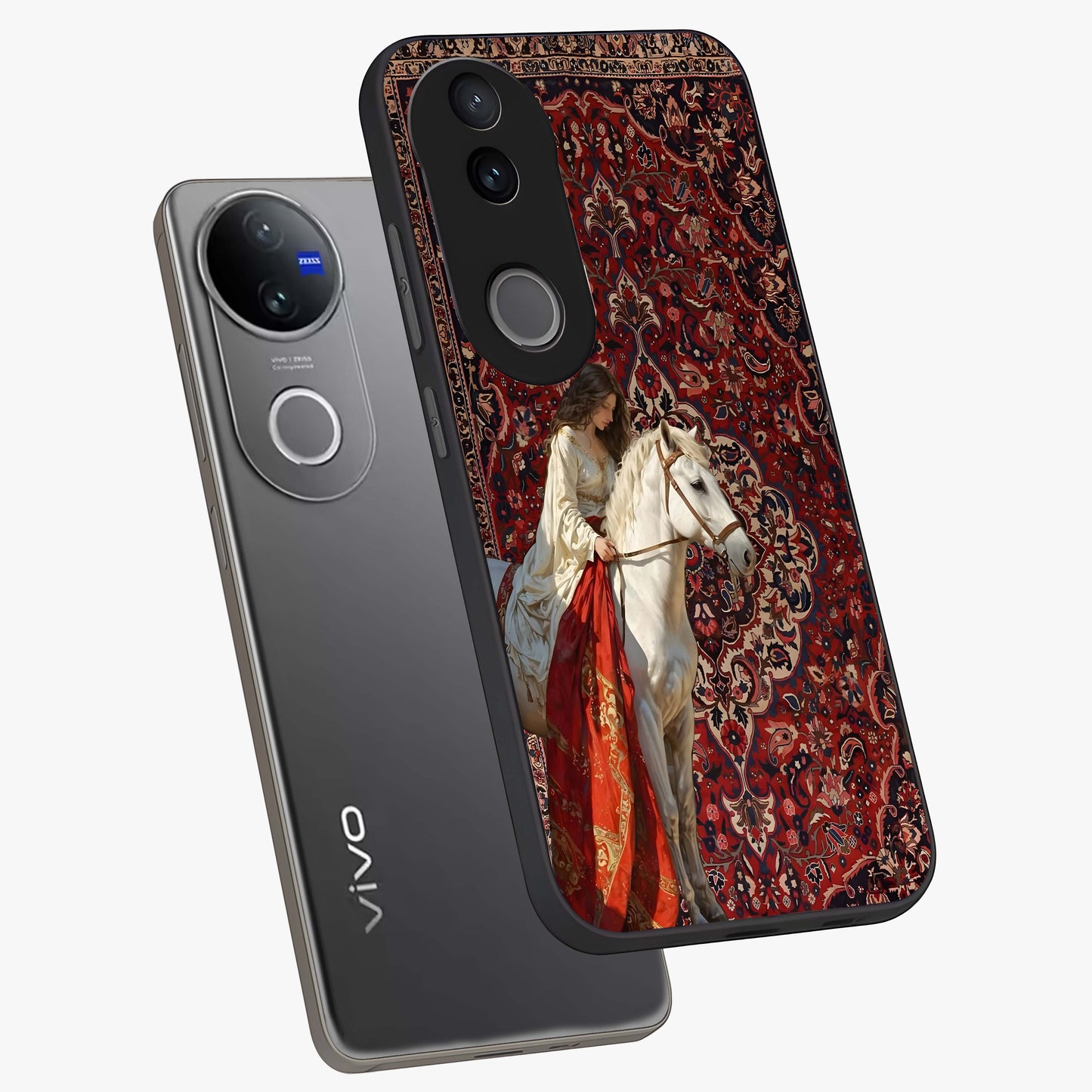 Royal Rider Tapestry Glass Case displayed in angled mockup highlighting traditional tapestry design with royal heritage aesthetic.