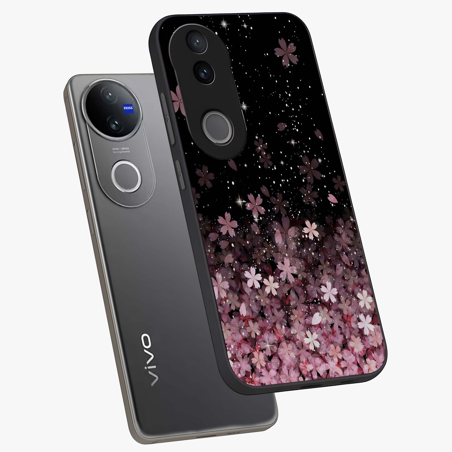 Small Starry Flowers Glass Case displayed in angled mockup highlighting tiny flower pattern with celestial aesthetic style.