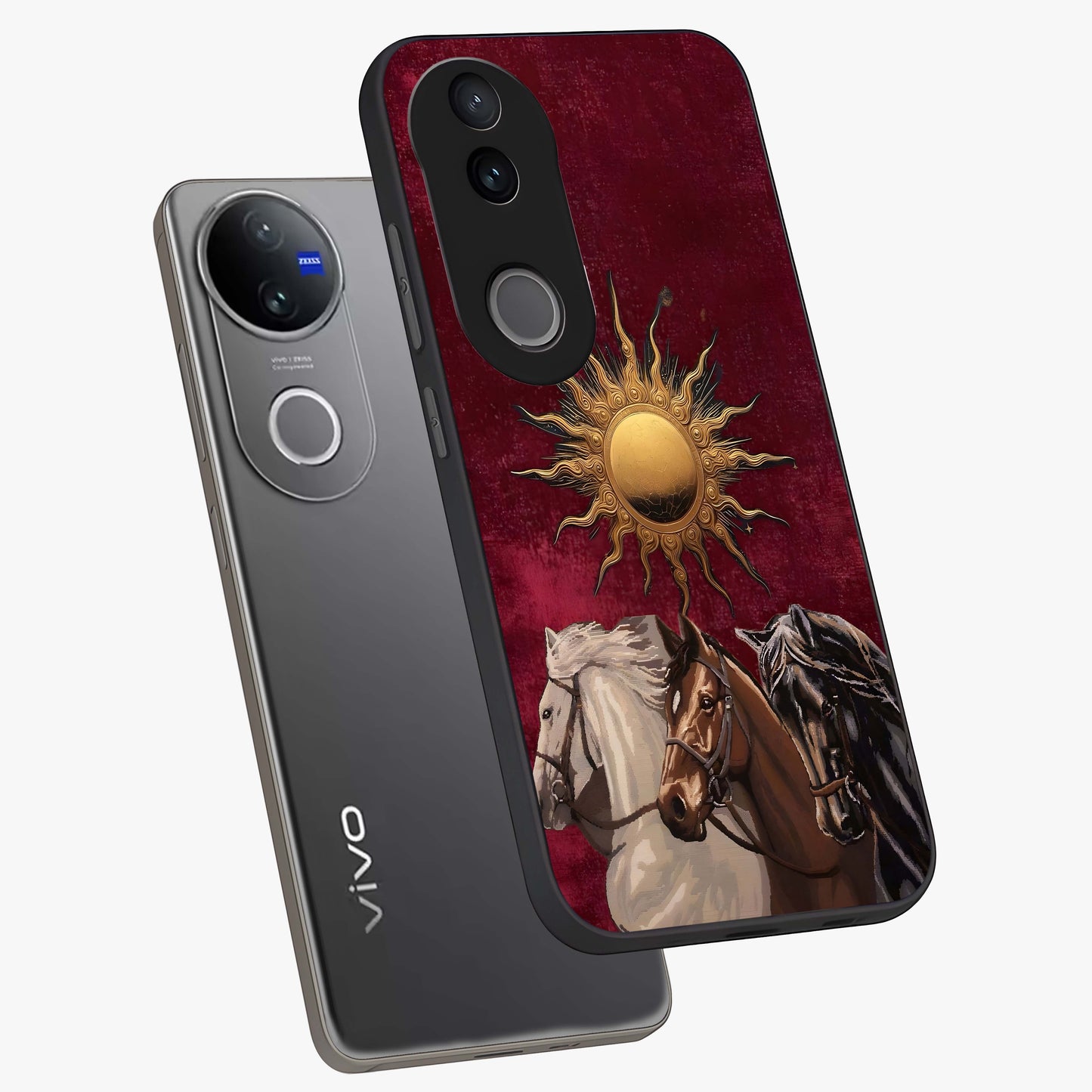 Solar Riders Glass Case displayed in angled mockup highlighting powerful rider illustration with radiant solar aesthetic.