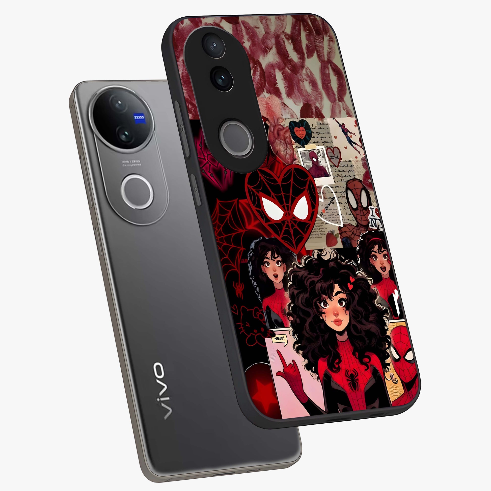 Spider Love Story Glass Case displayed in angled mockup highlighting expressive comic inspired design with playful aesthetic.