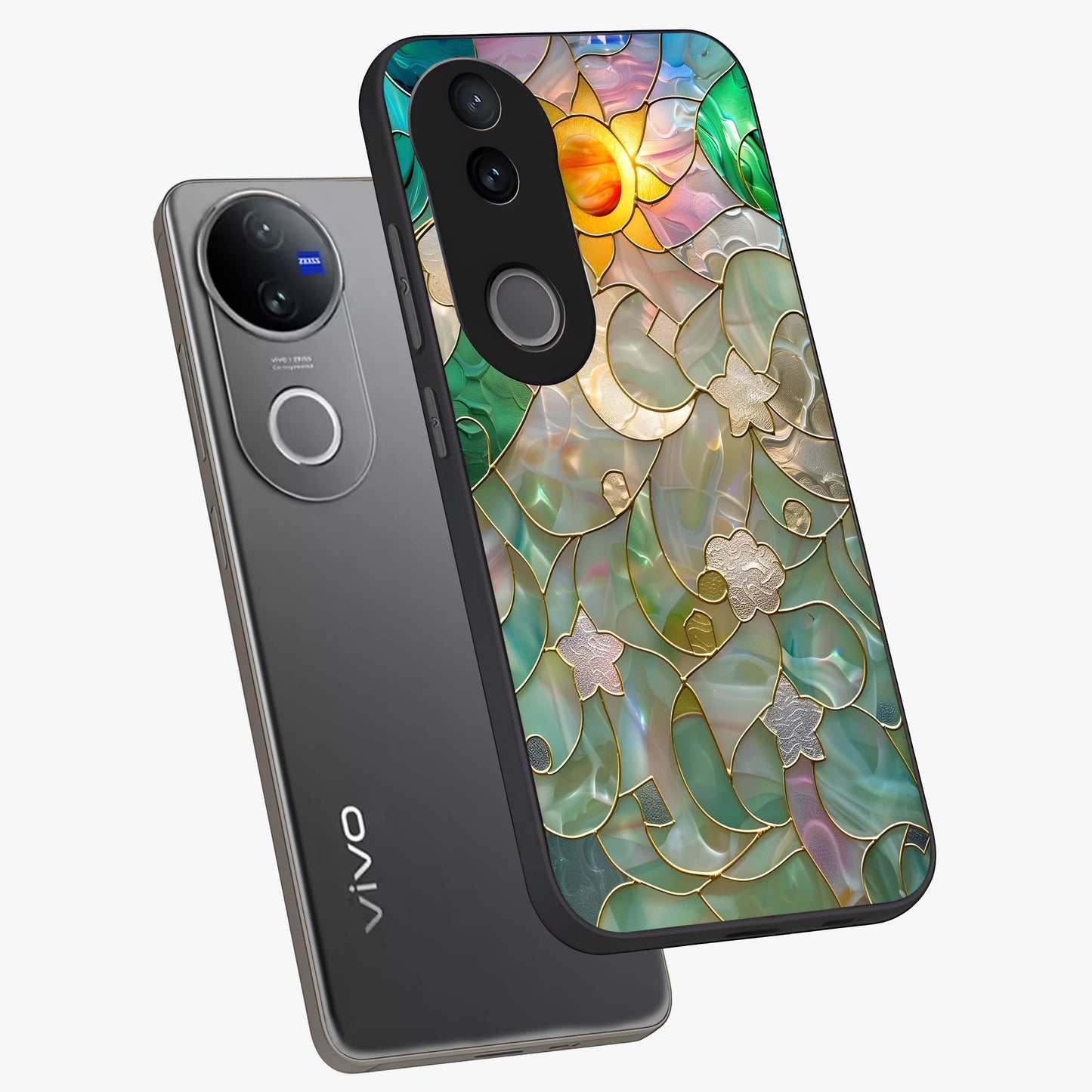 Stained Sunrise Glow Glass Case displayed in angled mockup highlighting radiant sunrise design with artistic aesthetic style.