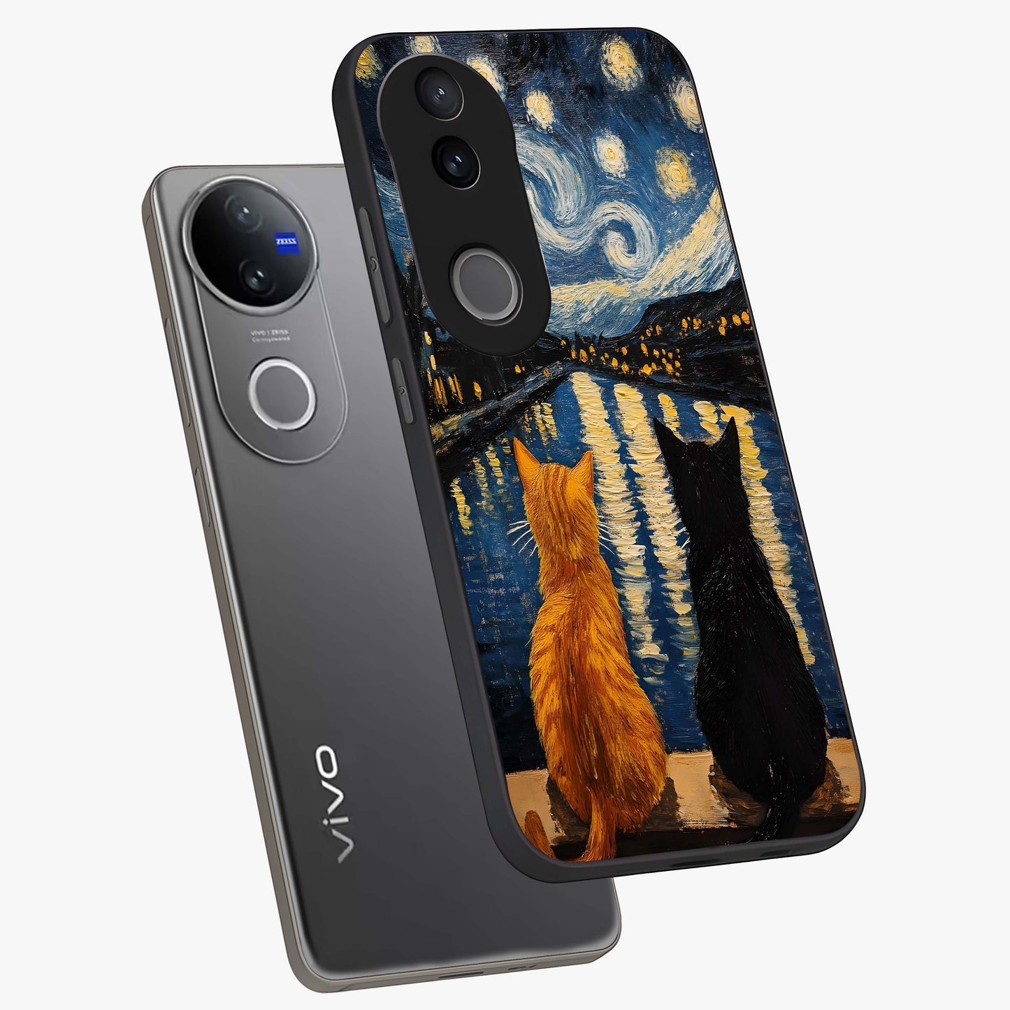 Starry River Cats Glass Case displayed in angled mockup highlighting charming feline illustration with dreamy night aesthetic.