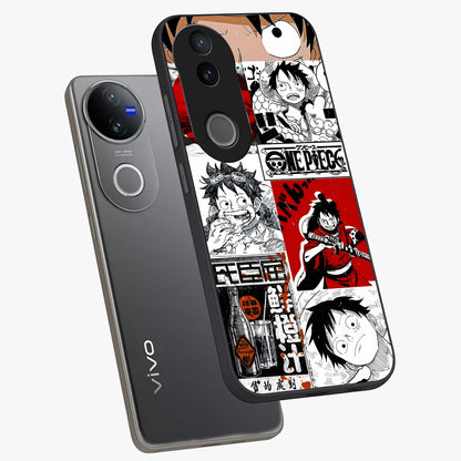 Strawhat Chaos Panels Glass Case displayed in angled mockup highlighting vibrant anime collage design with action aesthetic.