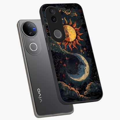 Sun And Moon Magic Design Glass Case displayed in angled mockup highlighting celestial design with magical cosmic aesthetic.