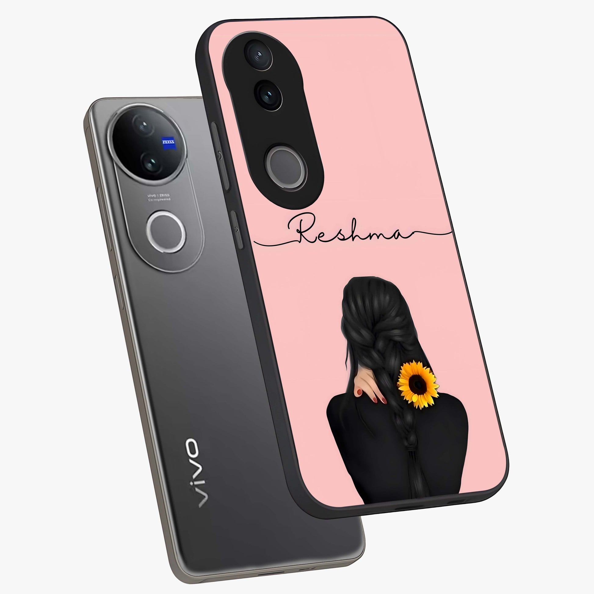 Sunflower Braid Beauty With Custom Name Glass Case displayed in angled mockup highlighting elegant sunflower design with custom name feature.