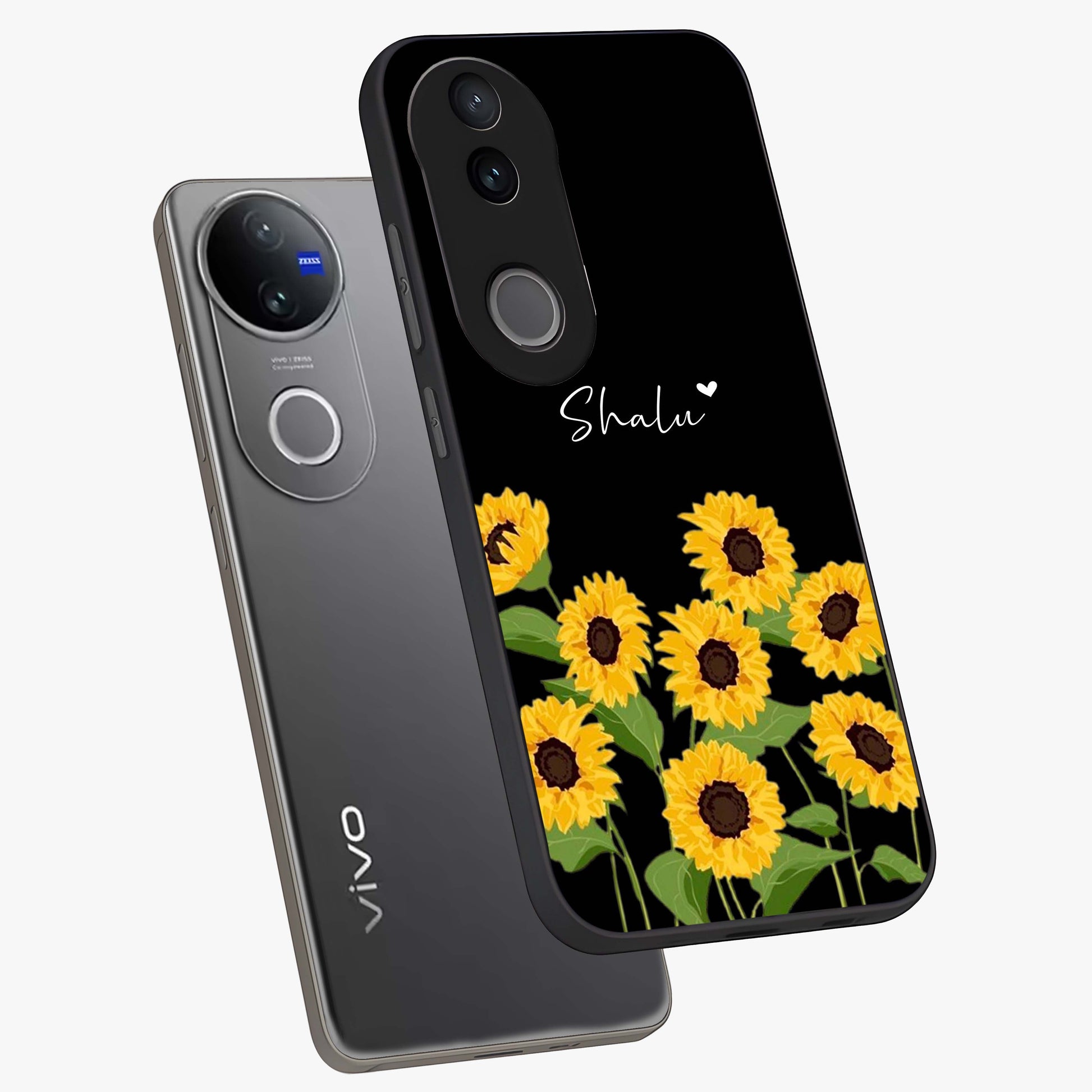 Sunflower Chic Mood Custom Name Glass Case displayed in angled mockup highlighting vibrant sunflower design with custom name feature.