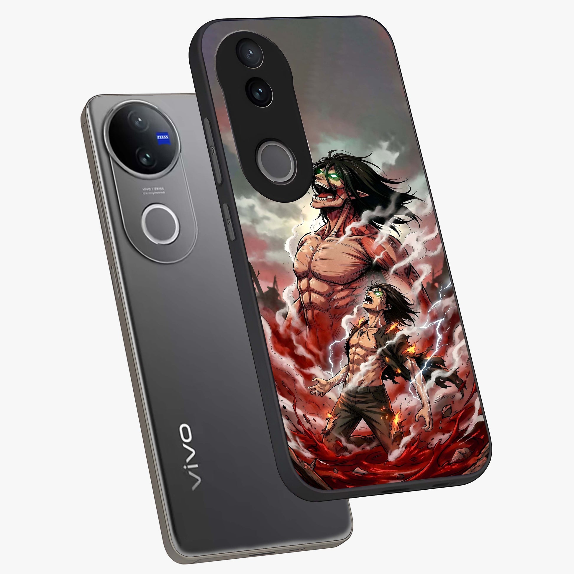 Titan Awakening Fury Glass Case displayed in angled mockup highlighting dramatic giant warrior design with bold anime aesthetic.