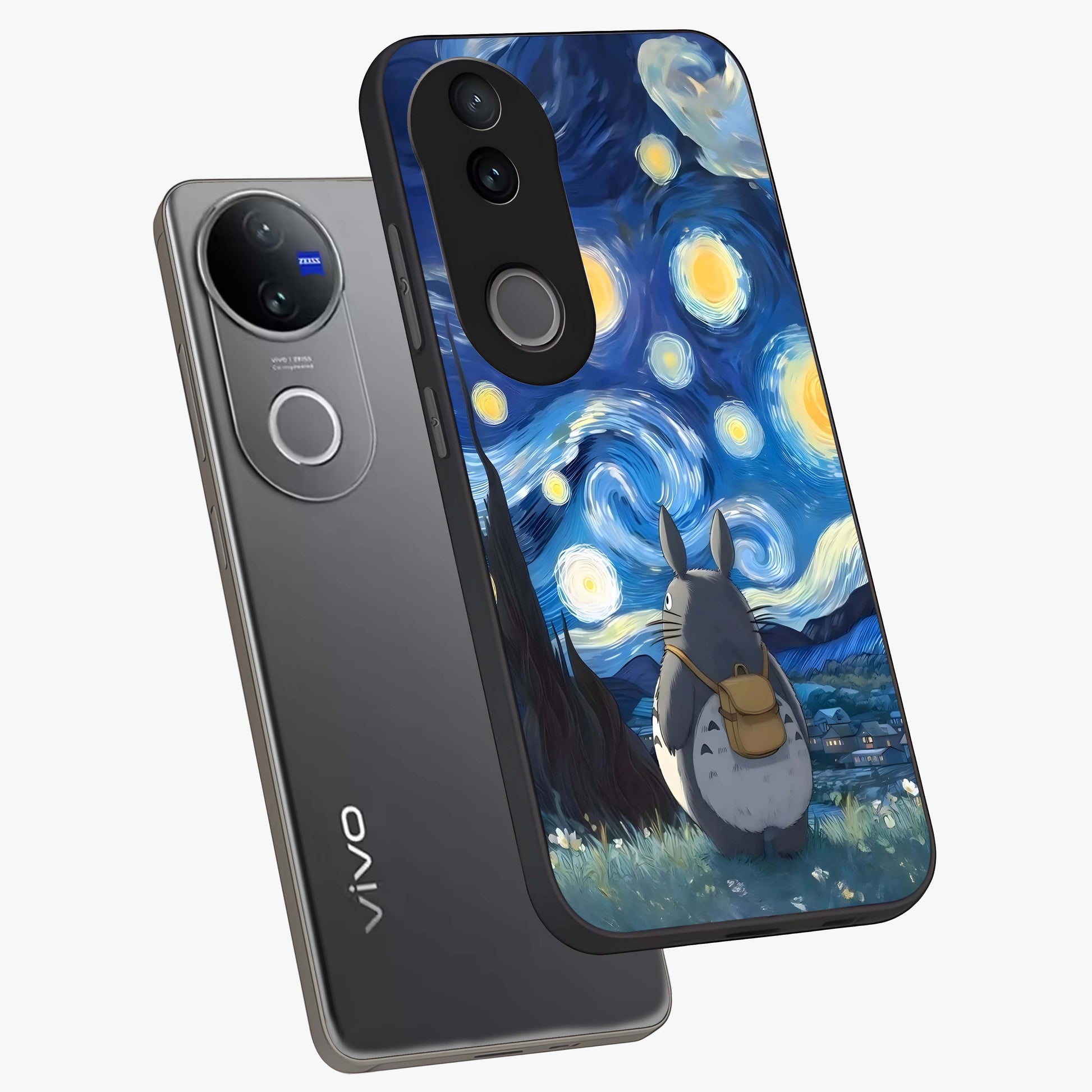 Totoro In Van Gogh Art Glass Case displayed in angled mockup highlighting artistic swirling sky design with playful animation aesthetic.