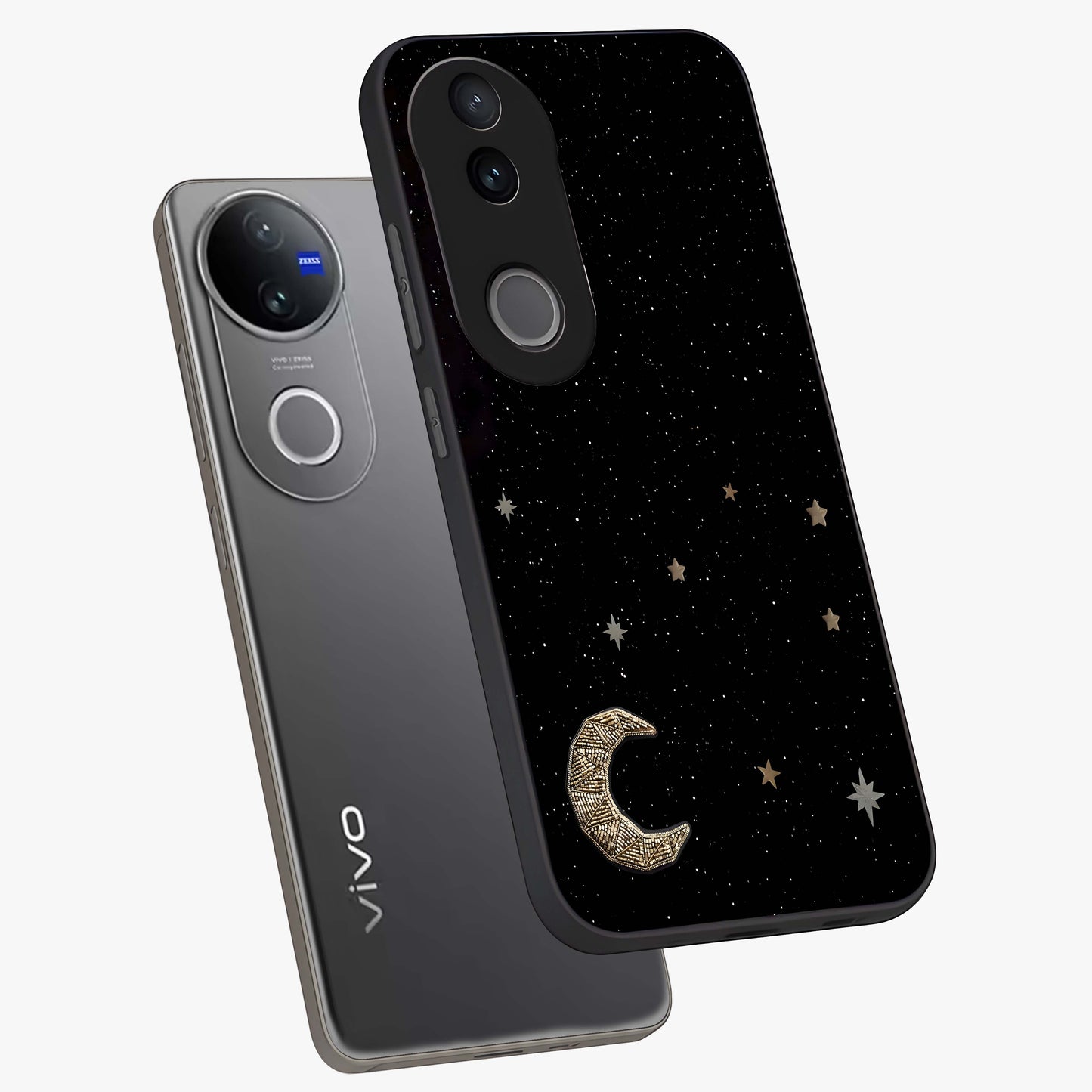 Twinkle Star With Half Moon Glass Case displayed in angled mockup highlighting celestial moon and star design with magical aesthetic.
