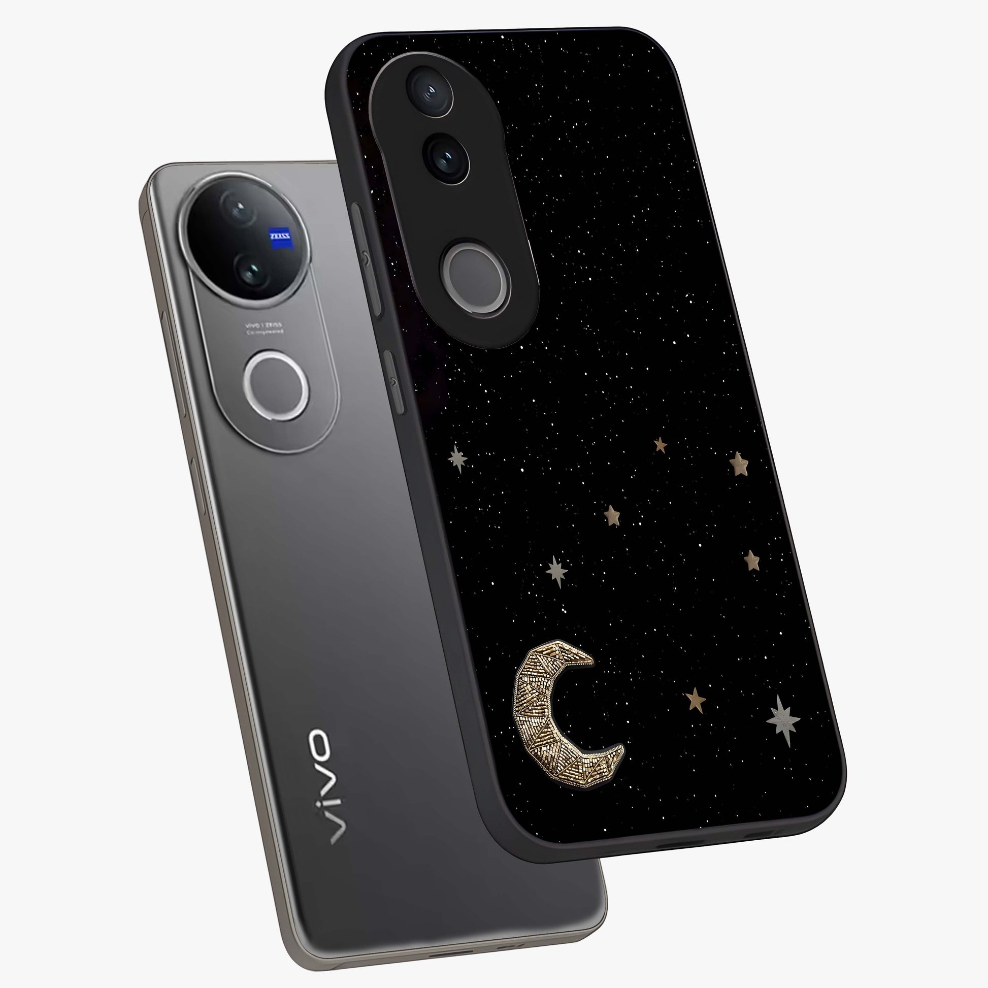 Twinkle Star With Half Moon Glass Case displayed in angled mockup highlighting celestial moon and star design with magical aesthetic.