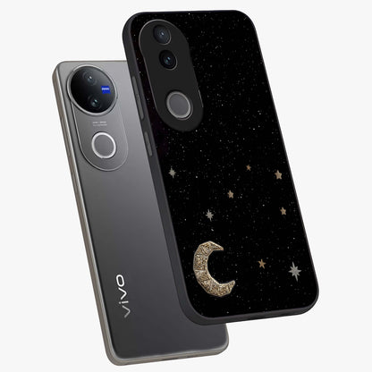 Twinkle Star With Half Moon Glass Case displayed in angled mockup highlighting celestial moon and star design with magical aesthetic.