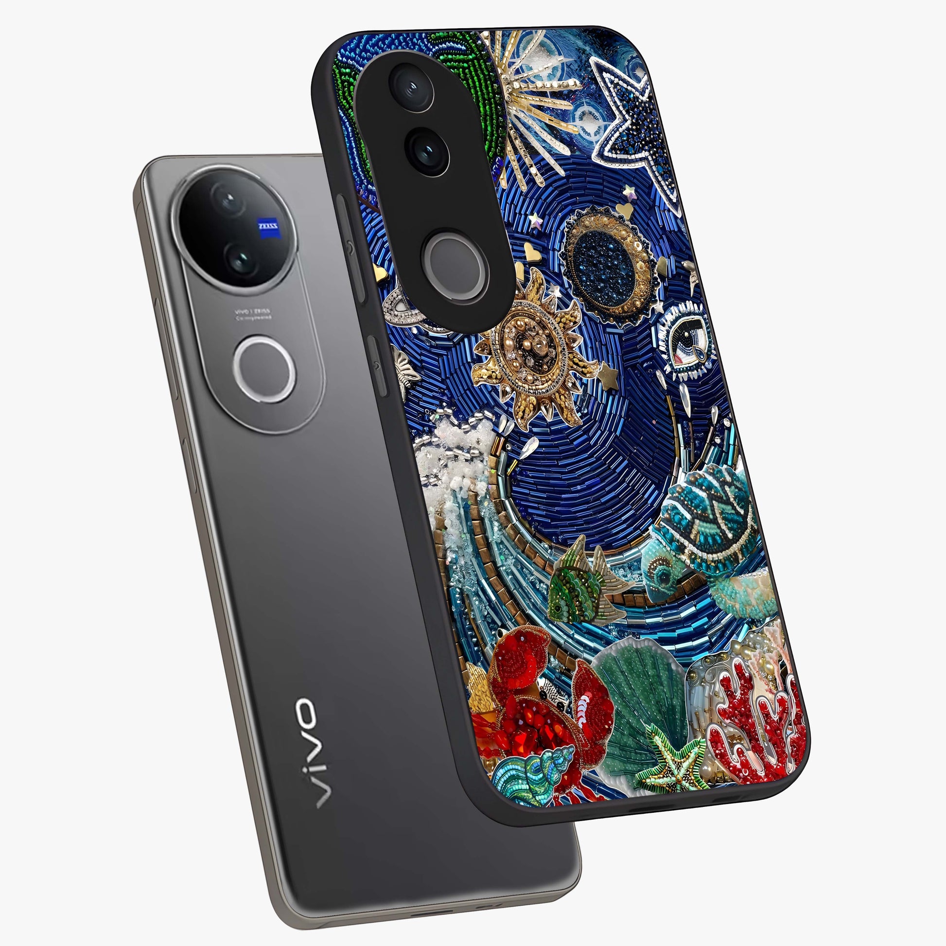 Universe Underwater Spark Glass Case displayed in angled mockup highlighting glowing aquatic design with celestial aesthetic.