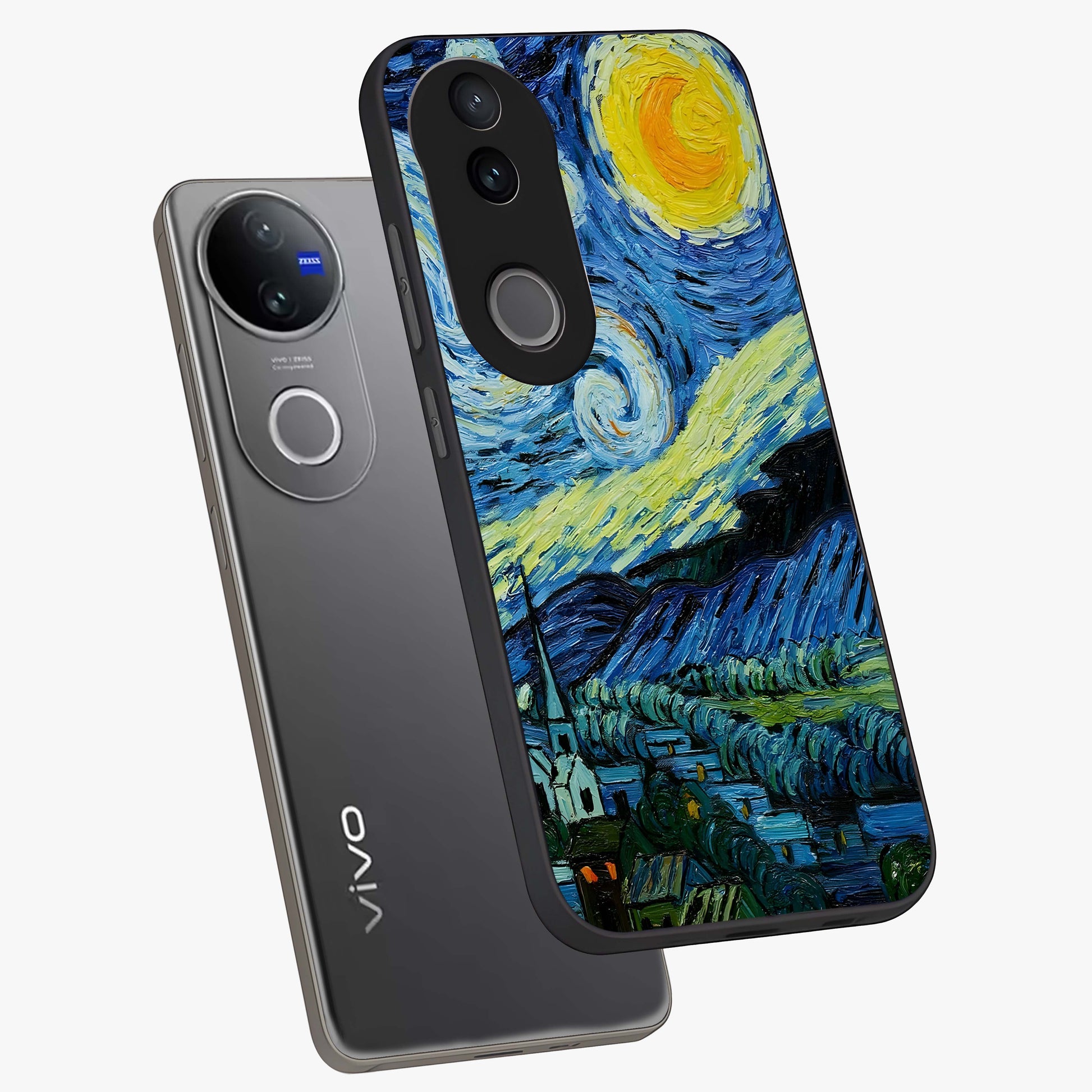 Van Gogh Art Glass Case displayed in angled mockup highlighting swirling brushstroke design with artistic aesthetic.
