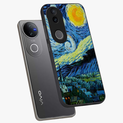 Van Gogh Art Glass Case displayed in angled mockup highlighting swirling brushstroke design with artistic aesthetic.