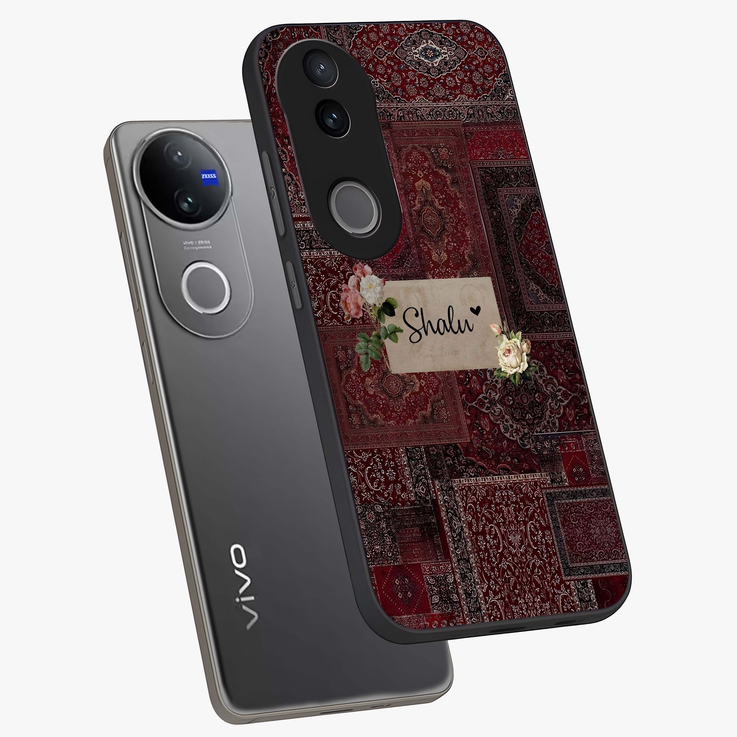 Velvet Wine Pattern Custom Name Glass Case displayed in angled mockup highlighting decorative velvet inspired design with custom name feature.