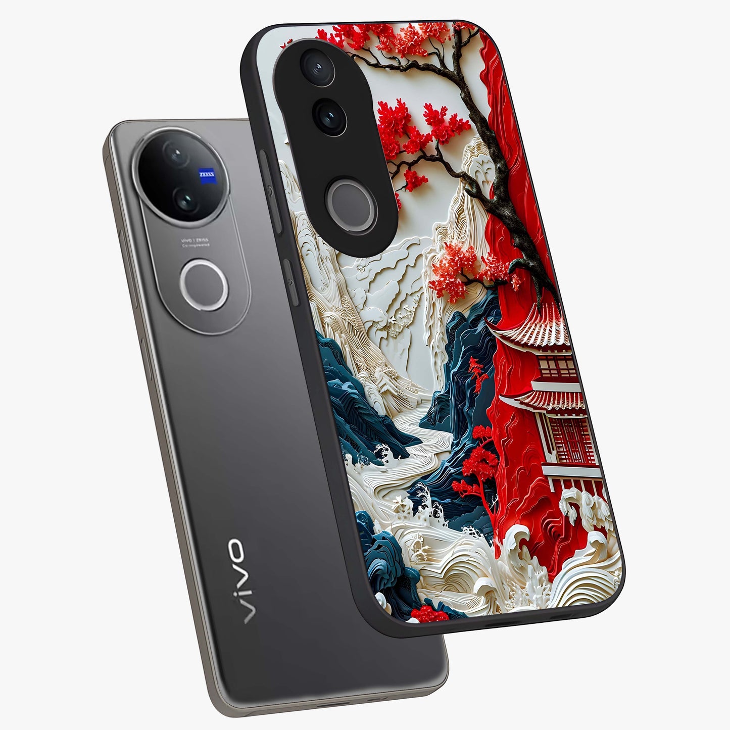 Whispers Of Sakura Waves Glass Case displayed in angled mockup highlighting flowing sakura design with soft floral aesthetic.
