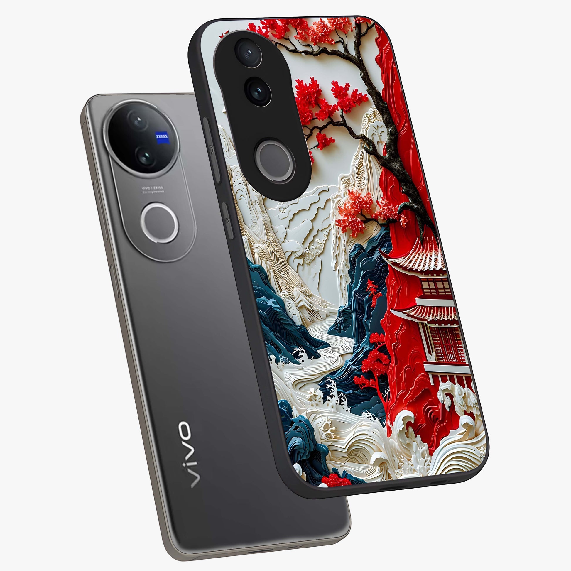 Whispers Of Sakura Waves Glass Case displayed in angled mockup highlighting flowing sakura design with soft floral aesthetic.