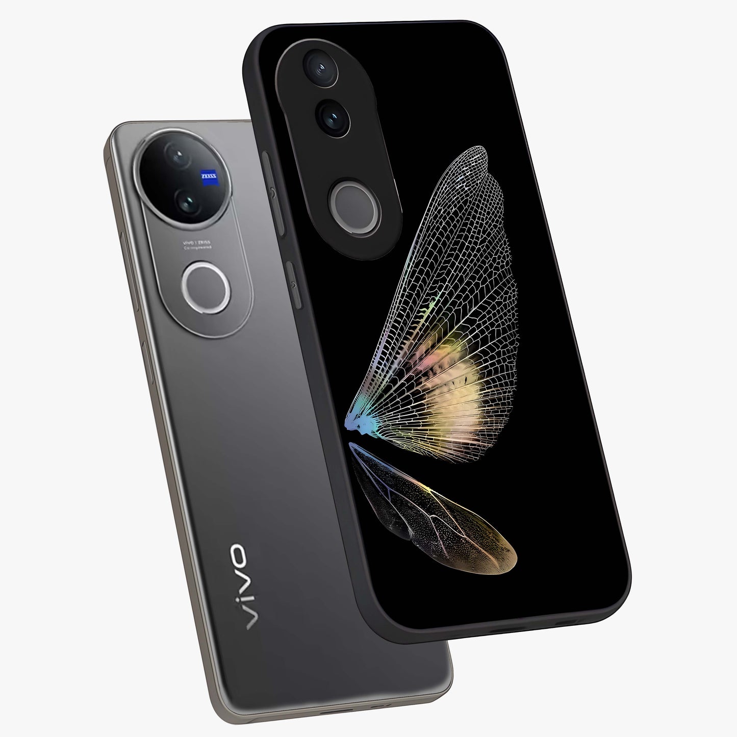 Whispers Of Wings Glass Case displayed in angled mockup highlighting soft feather design with celestial aesthetic style.