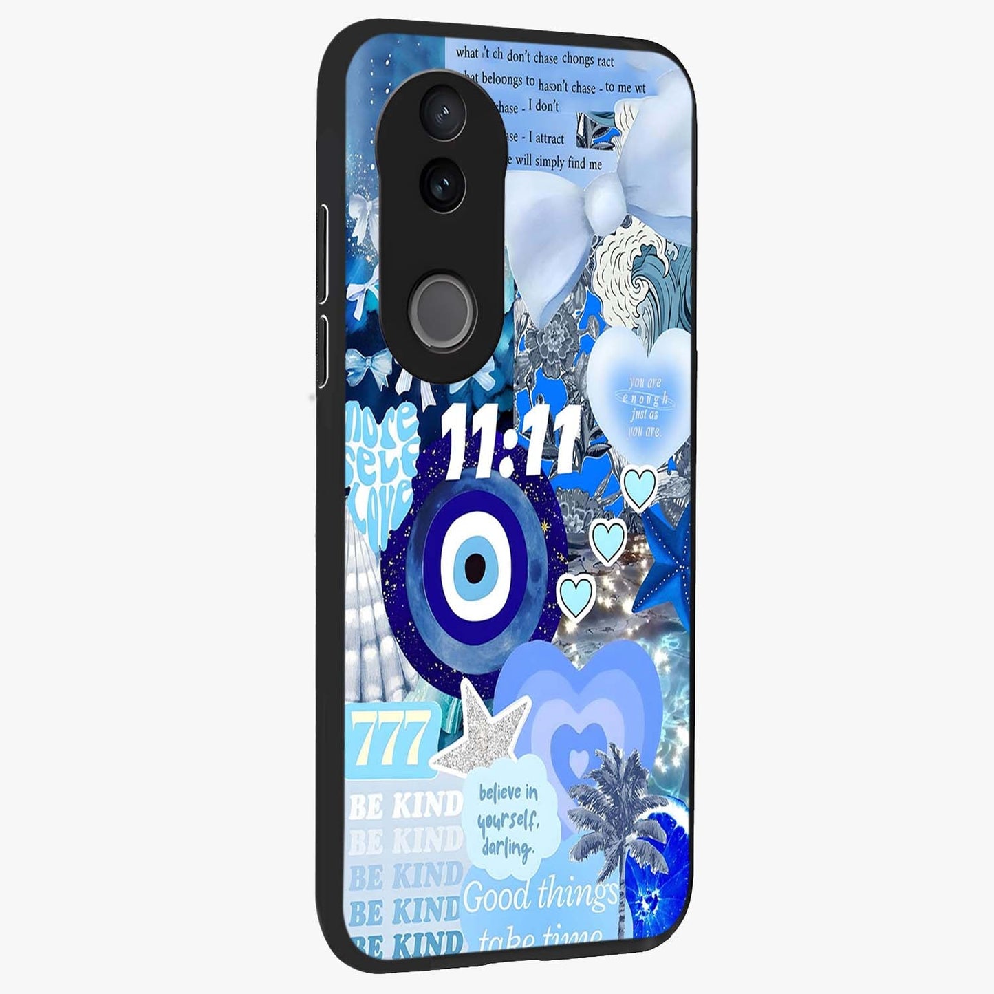 Aesthetic Be Kind Eye Glass Case upright view showcasing stylish eye illustration with positive message theme.