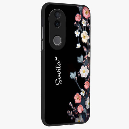 Black Elegance Floral Custom Name Glass Case upright view showcasing luxurious black floral design with personalized name detail.