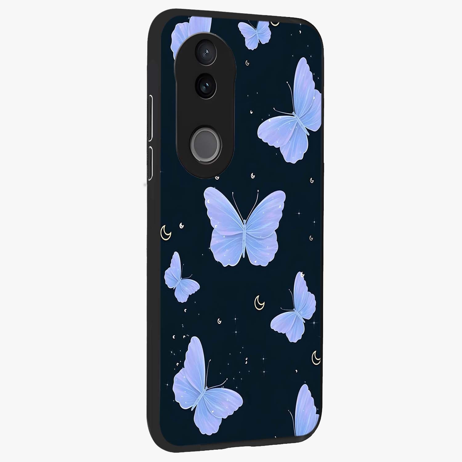 Butterfly With Stars Pattern Glass Case upright view showcasing celestial butterfly artwork with sparkling star elements.