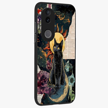 Celestial Black Cat Glass Case upright view showcasing magical black cat illustration with starry cosmic theme.