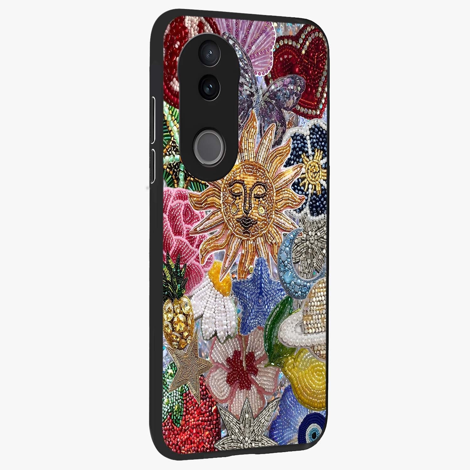 Celestial Floral and Playful Glass Case upright view showcasing whimsical floral artwork with cosmic aesthetic theme.
