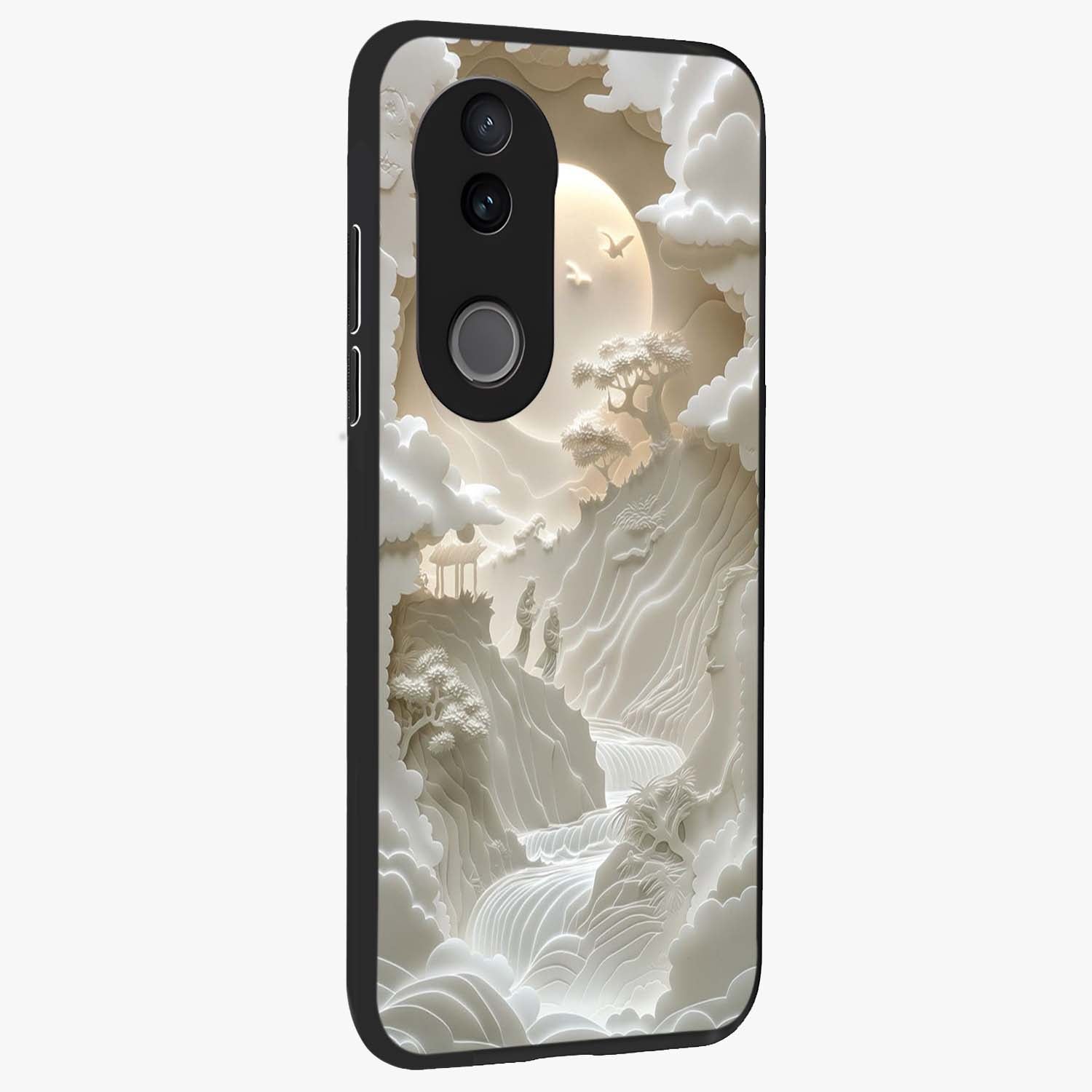 Celestial Origami Glass Case upright view showcasing creative origami artwork with modern celestial style.