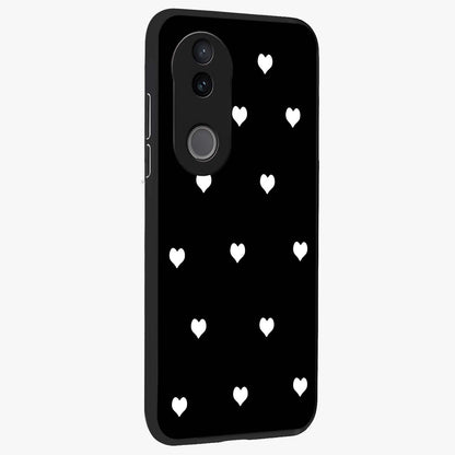 Cute And Simple White Hearts Glass Case upright view showcasing simple white hearts artwork with soft minimal theme.
