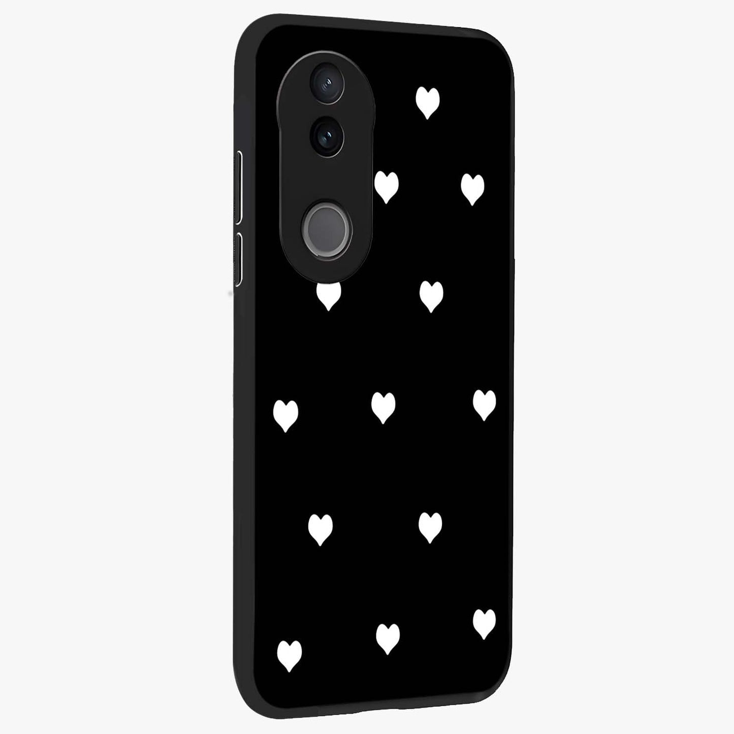 Cute And Simple White Hearts Glass Case upright view showcasing simple white hearts artwork with soft minimal theme.