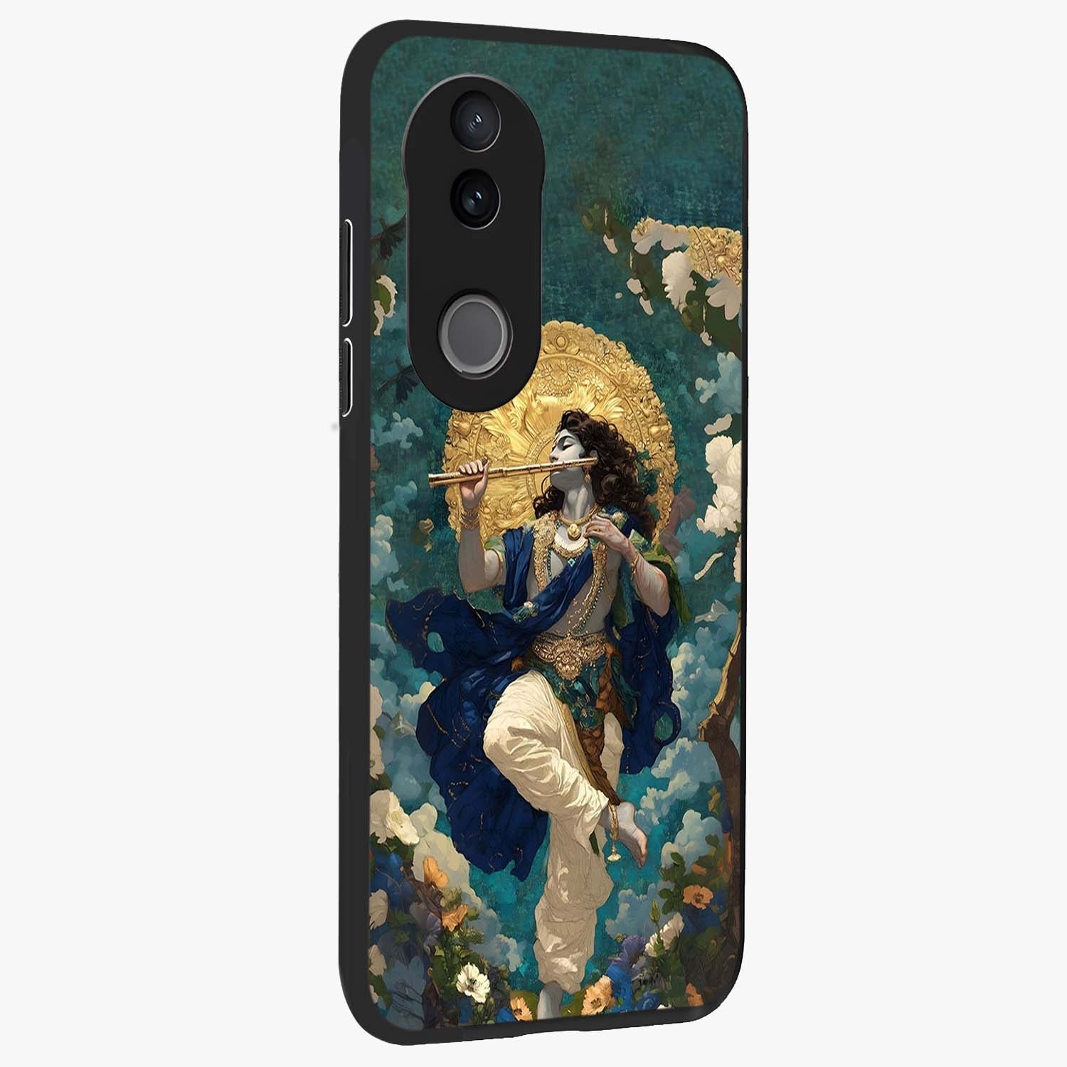 Divine Krishna Art Glass Case upright view showcasing divine Krishna artwork with sacred artistic theme.