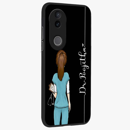 Doctor Pattern Custom Name Glass Case upright view showcasing healthcare themed design with personalized aesthetic.