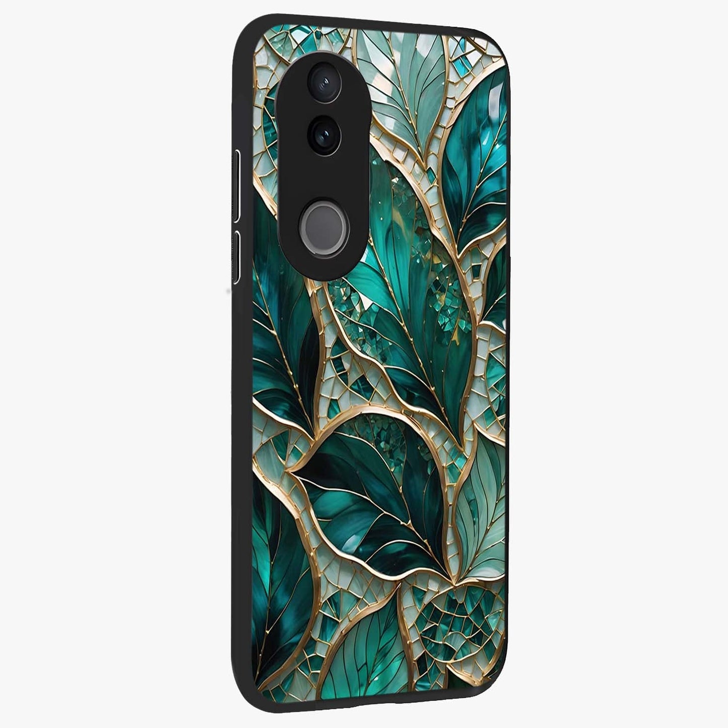Emerald Leaf Glass Glass Case upright view showcasing fresh green leaf artwork with calming nature inspired style.