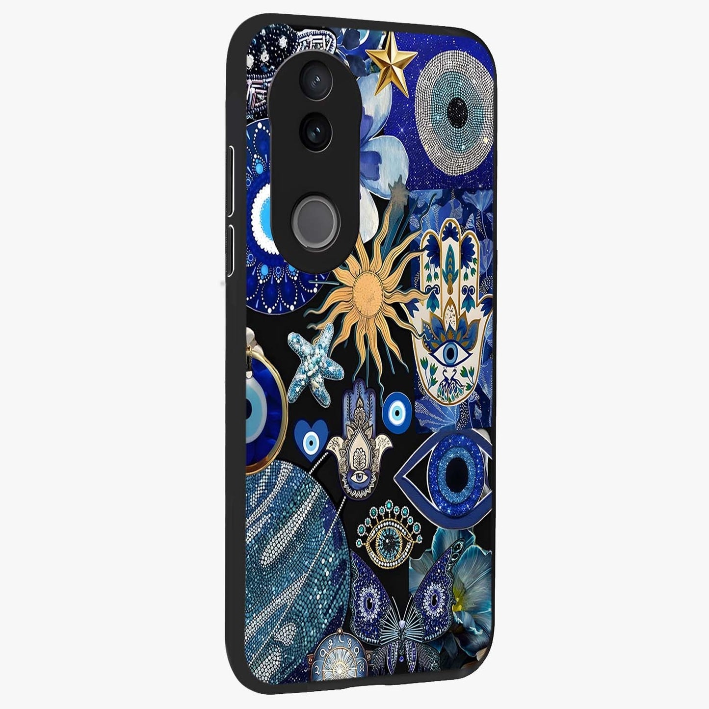 Evil Eye Charm Mix Glass Case upright view showcasing mystical evil eye pattern with vibrant decorative style.