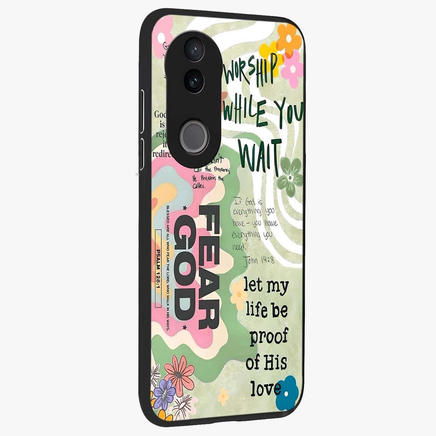 Faith Over Fear Glass Case upright view showcasing bold typography artwork with uplifting motivational theme.