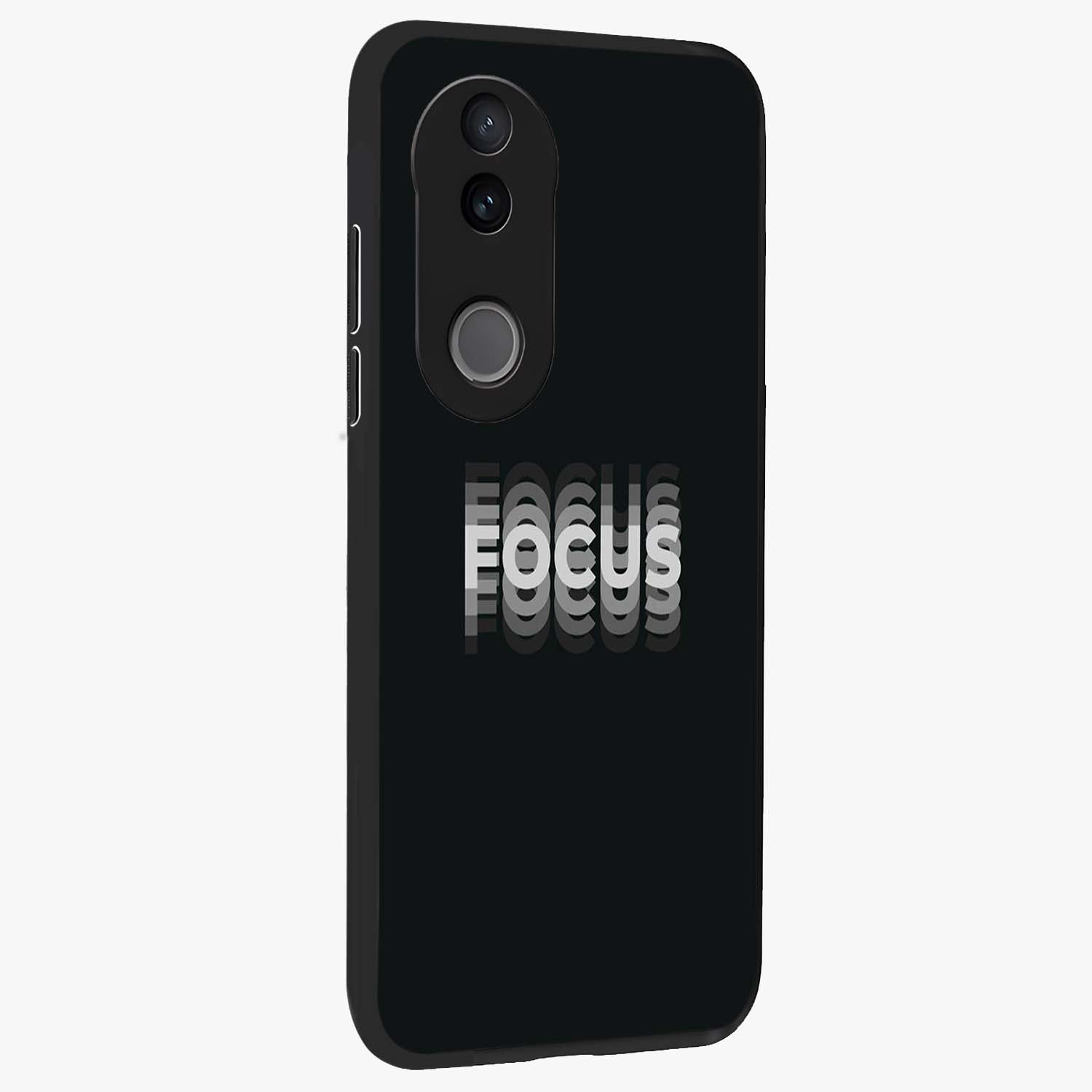 Focus Mode On Glass Case upright view showcasing strong typography statement with sleek motivational theme.