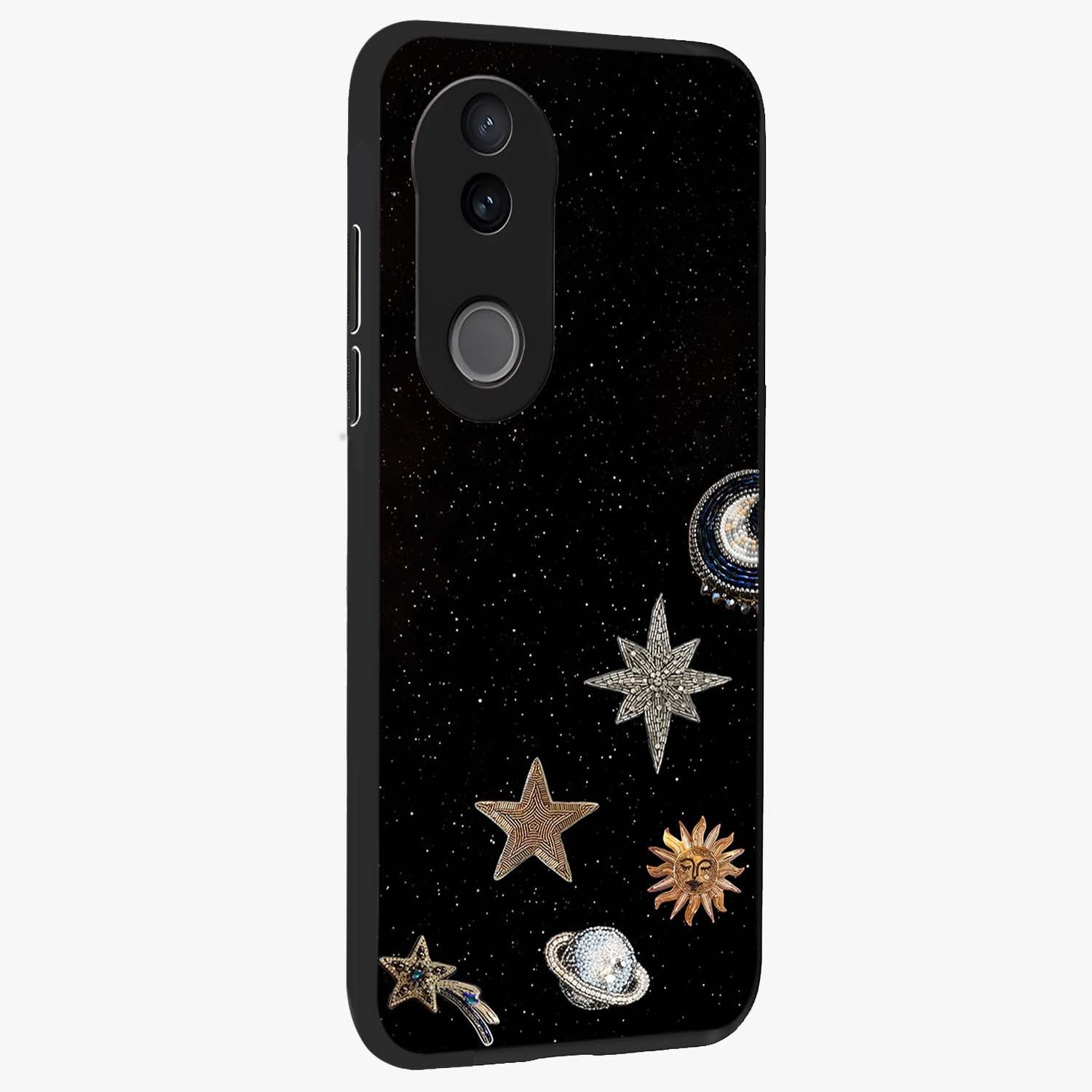 Galactic Charm Glow Glass Case upright view showcasing glowing cosmic charm artwork with magical celestial style.