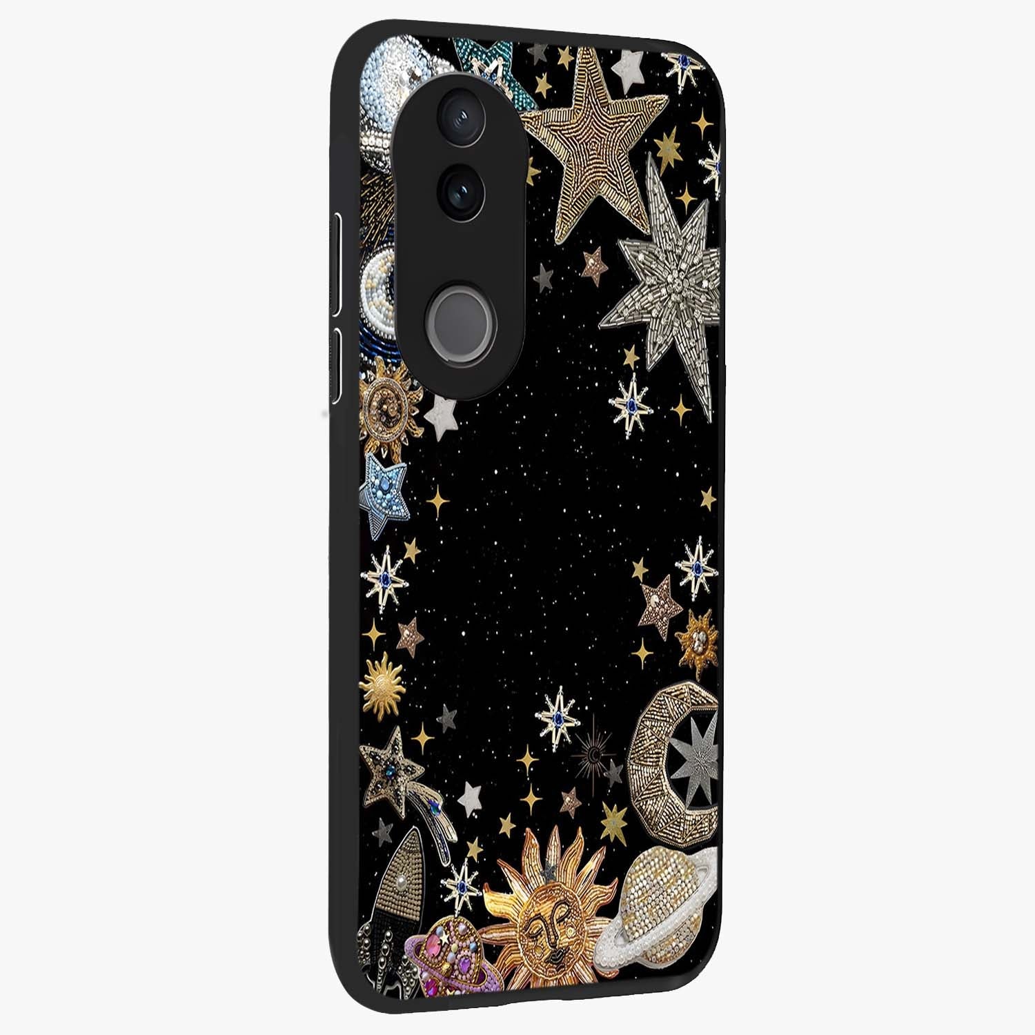Galactic Jewel Stars Glass Case upright view showcasing glittering star jewel artwork with vibrant galaxy theme.